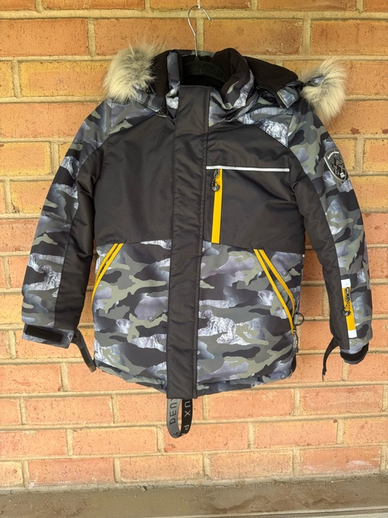 deux par deux Other - Boys' Camo Winter Jacket with Faux Fur Hood and Yellow Accents